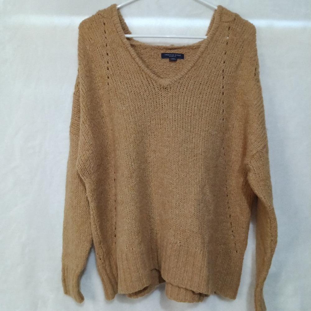 American Eagle Jegging Fit Hooded V-Neck Sweater Tan Wool Blend Large